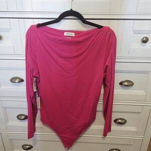 Babaton Hot Pink Draped-Neck Long Sleeve Bodysuit